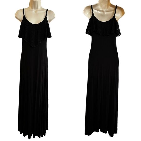 Solemio ~ Black Spaghetti Strap Maxi Dress ~ crochet knit overlay bodice ~size S - Picture 1 of 8